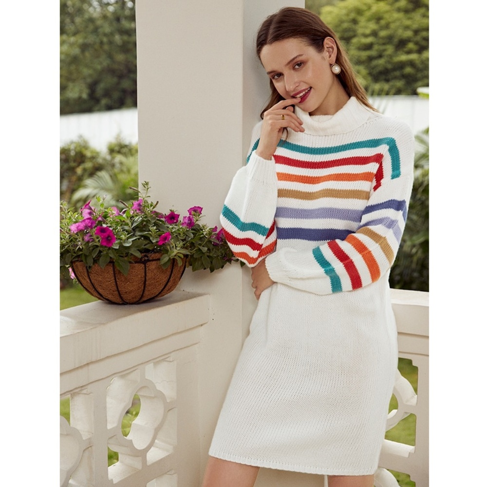 Multi Color Stripe Knit Sweater Off White Dress - Picture 5 of 14